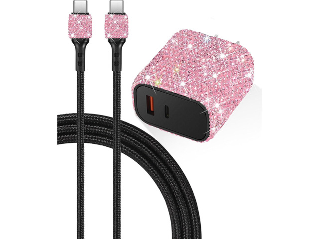 Bling Phone Charger,20W USB C Charger Block,Type C Charger Fast Charging Pink Rhinestone Decor Cute Charging Blocks,Bling Gifts for Women, 3.2FT...