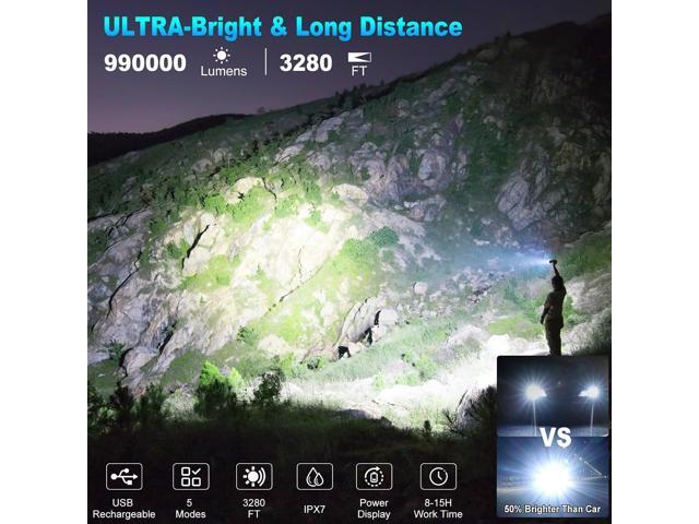 BERCOL Flashlights High Lumens Rechargeable, 990,000 Lumens Super Bright Led Flashlight with 5 Modes, IPX6 Waterproof Powerful Flash Light...