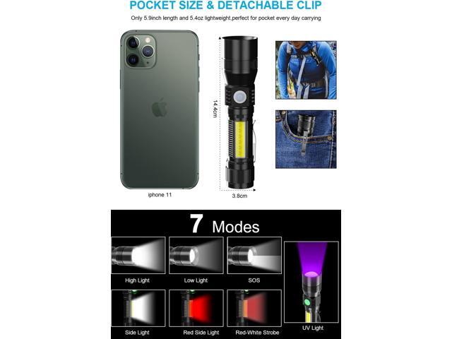 UV Flashlight Rechargeable, Black Light Flashlight with Magnet & Side Work Light 3in1 Tactical Flashlight Blacklight & Redlight, 1000lm, Zoomable,...