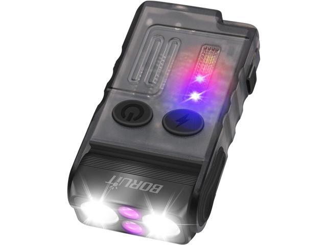 Boruit V20 Small Powerful Flashlight Super Bright with 365nm UV, Red Blue Green Warm Light, 180° Swivels, 110dB Buzzer, Mini Keychain Pocket.