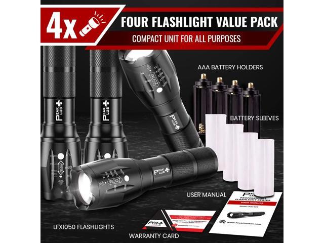 PeakPlus LED Flashlights High Lumens, Tactical Flash Lights [4 Pack] - Super Bright Waterproof Zoomable 5 Modes - Powerful Handheld Flashlight for...
