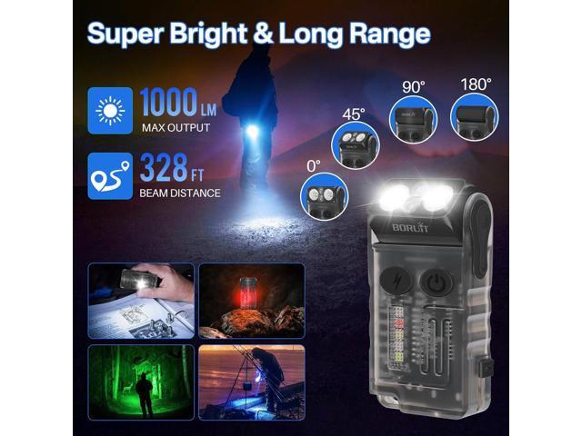 BORUIT V20 LED Small Powerful EDC Flashlight with Clip,180°Head Swivels,1000LM USB C Rechargeable Mini Pocket Keychain Flash Light with Red COB...