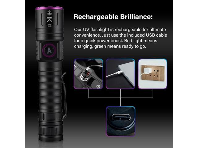 UV Flashlight 365nm, Black Light Flashlight LED, USB Rechargeable UV Light, Blacklight Flashlights for UV Resin Light Curing, Leak Detection and...