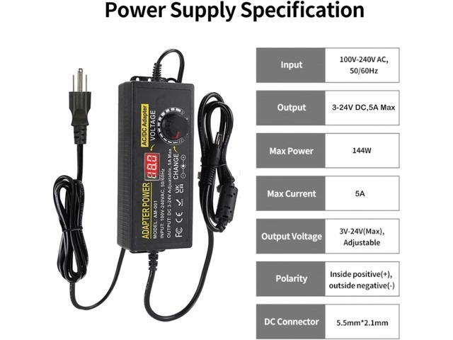 Adjustable Power Supply 3V~24V 5A 120W Universal 100V-240V AC/DC Power Adapter Converter 8V 12V 15V 18V 19V 20V 24V Power Supply with 14 DC...