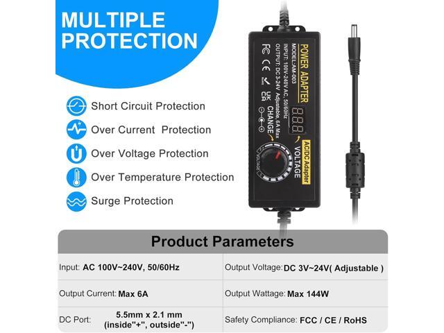 Universal Power Supply, Auplf Adjustable 24V 6A 144W Adapter, AC 100V-240V to DC 3V-24V Variable Power Supply Converter Transformer with 14 Tips