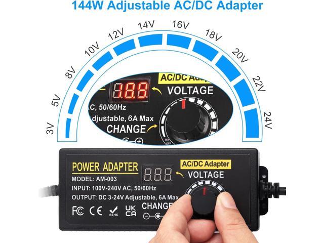 Universal Power Supply, Auplf Adjustable 24V 6A 144W Adapter, AC 100V-240V to DC 3V-24V Variable Power Supply Converter Transformer with 14 Tips