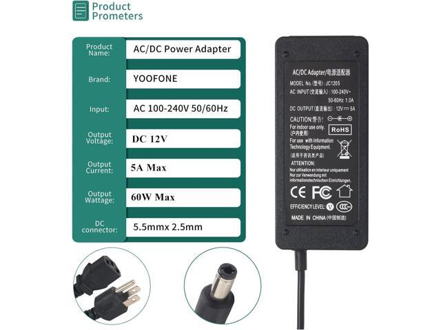 12V 5A Power Supply Adapter 100-240V AC to DC Converter with 5.5X 2.5/2.1mm Plug 12 Volt 5 Amp 4A 3A 2A 1A Switching Power Supply AC/DC Adapter for...