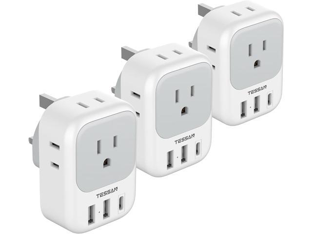 US to UK Plug Adapter 3 Pack, TESSAN Type G Adapter for Travel with 4 Outlets 3 USB Charger(1 USB C), Ireland Power Adaptor for USA to England.