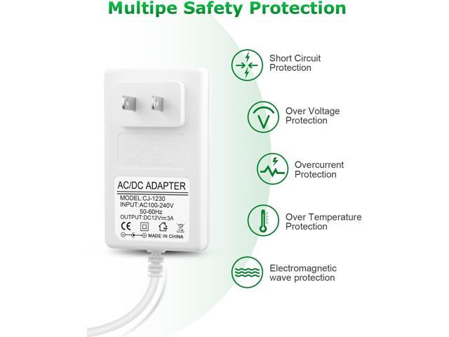 12V DC Power Supply 12V 3A Power Adapter 36W AC 100V-240V to DC 12Volt 3amp AC/DC Charger Power Cord 12V 2.5A 2A 1.5A 1A 800mA 500mA for Security...