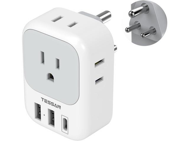 TESSAN US to India Plug Adapter, India Power Adapter with 4 American Outlets 3 USB Charger (1 USB C Port), Type D Travel Adaptor for USA to...
