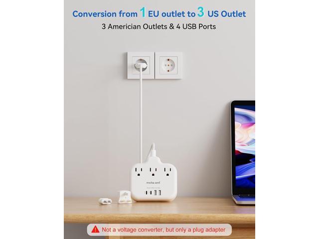 European Travel Plug Adapter, US to European Plug Adapter with 3 American Outlets & 4 USB, 3ft European Power Cord, International Travel Power...