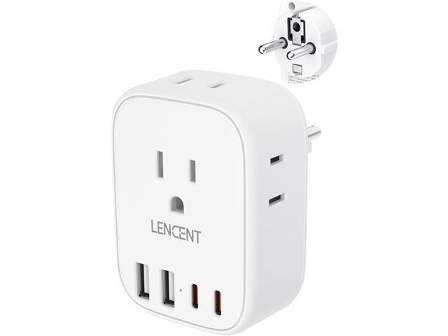 LENCENT Germany France Travel Power Adapter, Schuko Type E F Power Plug Adaptor with 4 USB Ports(2 Type C), 4 Outlet Converter, US to EU Spain.