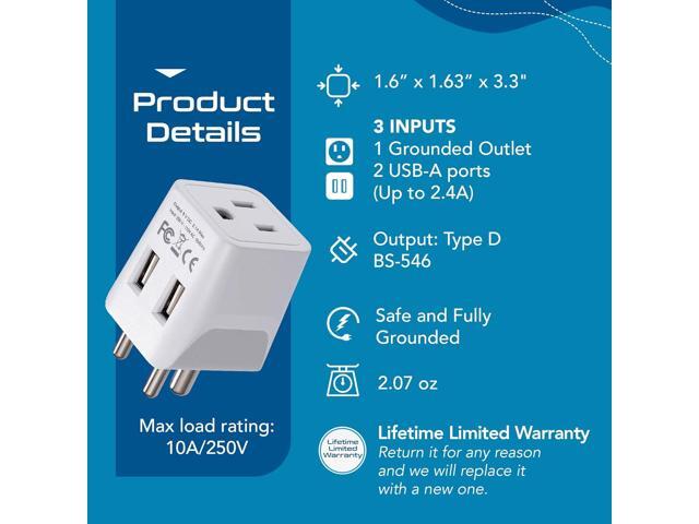 Ceptics India, Nepal, Bangladesh Travel Adapter Plug with Dual USB - Type D - Usa Input - Ultra Compact - Safe Grounded Perfect for Cell Phones,...