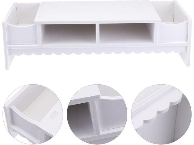 STOBOK Monitor Stand with Drawer Laptop PC Monitor Riser Rack Holder Desk Organizer Tabletop Storage Cabinet Wooden White