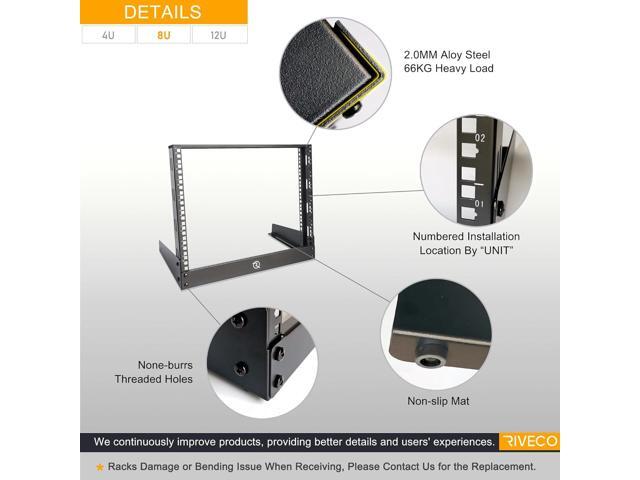 RIVECO 8U Desktop Rack for Network & Audio, 19 Inch 2 Post Open Frame Cabinet with Reinforced Beam, Free Standing Tabletop Racks for IT Server...