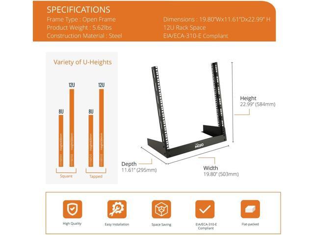 2 Post 12U Desktop Server Rack Small Open Frame Rack for 19in AV/Data/Audio/Studio Equipment Free Standing Home/Office Rack,Square Hole