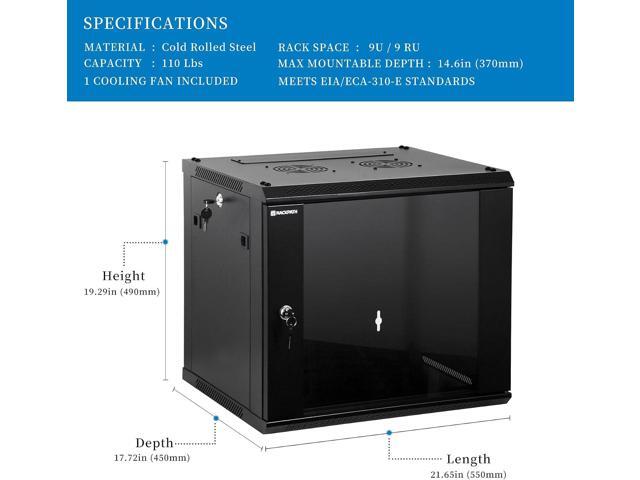 RackPath 9U Wall Mount Network Rack Cabinet Quiet Cooling Fan, Locking Glass Door, 17.7' Deep (450mm), Removable Locking Side Panels, Fits 19' IT...