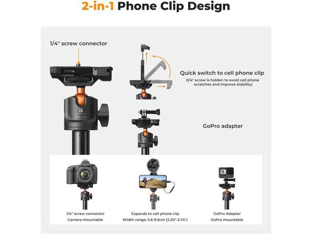 K & F Concept 62'' Phone Selfie Stick Tripod, 2-in-1 Lightweight Cellphone Holder and Camera Stand with Remote, Compatible with...