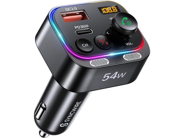 Syncwire Bluetooth 5.4 FM Transmitter Car Adapter 54W (PD 36W & 18W) [Stronger Dual Mics] [Light Switch] [HiFi Bass Sound] [Fast Charging] Wireless...