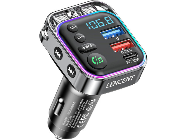 LENCENT Bluetooth 5.3 FM Transmitter Car Adapter 48W (PD30W & QC18W) Fast Charger, Light Switch, HiFi Bass Sound Wireless Radio MP3 Music Player,...