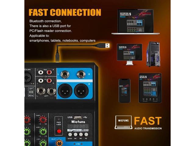 Mini audio DJ mixer Sound Board Console System,5 Channel 48V Phantom Power with Bluetooth USB MP3 Stereo live DJ Studio Streaming for professional...