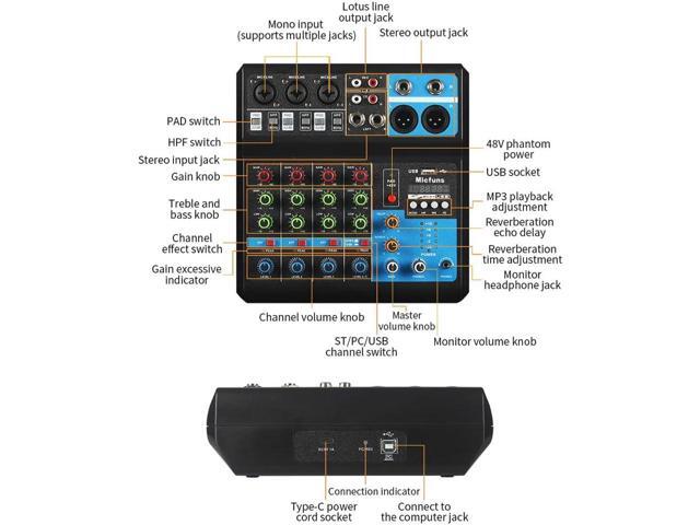Mini audio DJ mixer Sound Board Console System,5 Channel 48V Phantom Power with Bluetooth USB MP3 Stereo live DJ Studio Streaming for professional...