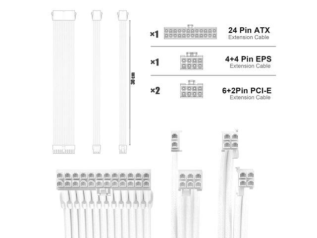 PSU Cable Extension Kit 30CM Length with Cable Combs 1x24Pin/1x8Pin(4+4) EPS/2x8Pin(6P+2P) PCI-E/PC Sleeved Cable for ATX Power Supply(White)