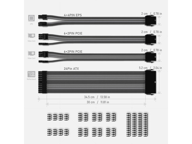 EZDIY-FAB PSU Extension Cable Sleeved Custom Mod PC Power Supply Cable, Soft Nylon Braided with Comb Kit 24PIN/8PIN to 6+2Pin/ 8PIN to 4+4PIN-30CM...