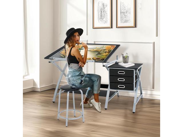 ZENY Drafting Table and Stool, Tilted Draft Table Desk w/Drawers, Artist Drawing Desk Craft Table for Drafting, Painting, Reading, Writing