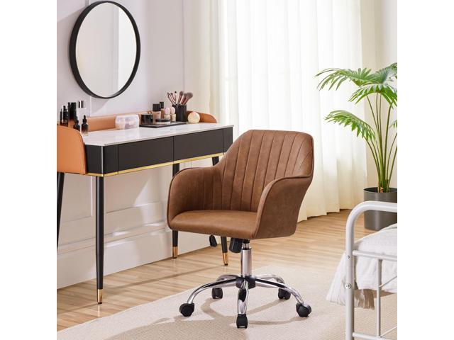 Yaheetech Modern Faux Leather Desk Chair Makeup Chair Height Adjustable Swivel Office Task Computer Armchair for Living Room Retro Brown