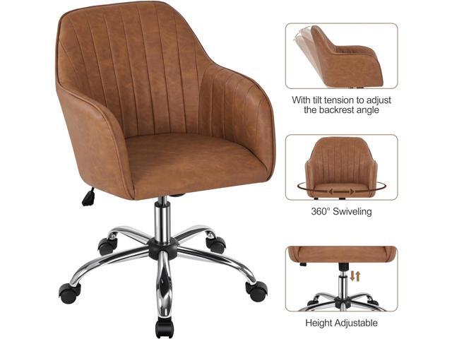 Yaheetech Modern Faux Leather Desk Chair Makeup Chair Height Adjustable Swivel Office Task Computer Armchair for Living Room Retro Brown