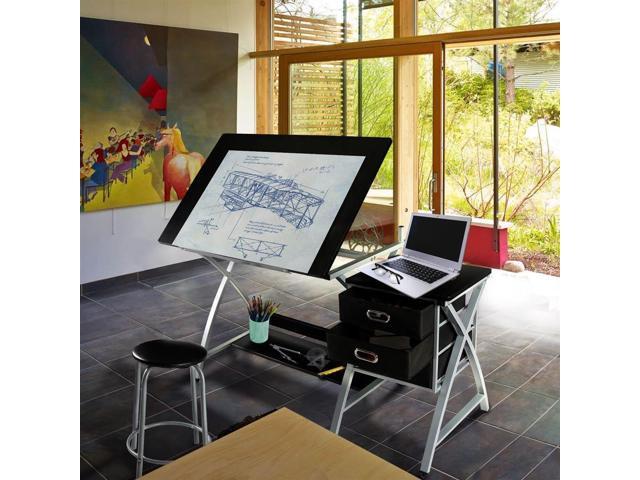 Yaheetech Drafting Desk, Drawing Table for Artists/Adults, Art Desk w/Stool and 3 Slide Drawers, Painting Studio Design Work Station, Adjustable...