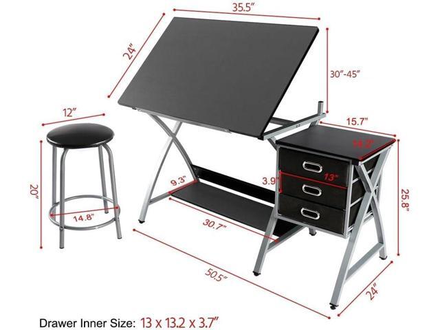 Yaheetech Drafting Desk, Drawing Table for Artists/Adults, Art Desk w/Stool and 3 Slide Drawers, Painting Studio Design Work Station, Adjustable...