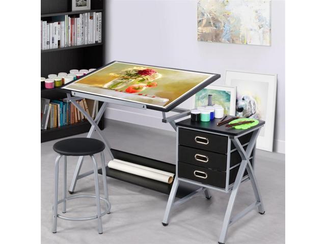 Yaheetech Drafting Desk, Drawing Table for Artists/Adults, Art Desk w/Stool and 3 Slide Drawers, Painting Studio Design Work Station, Adjustable...