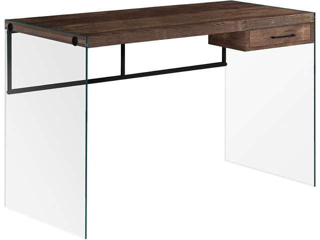 Monarch Specialties Computer Desk - Contemporary Writing Desk with Drawer - Tempered Glass Legs - 48'L (Brown Reclaimed Wood Look)