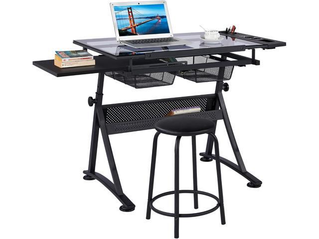 Yaheetech Drawing Table, Art Craft Desk with Adjustable Tabletop, Painters/Artist Work Station, Study Table with Stool, Tempered Glass Top