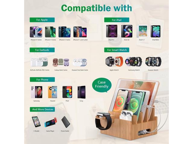 Pezin & Hulin Bamboo Charging Station for Multiple Devices with 5 Port USB Charger, 5 Cables, Smart Watch & Earbuds Stand, Desk Docking Stations...