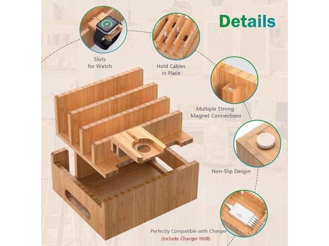 Pezin & Hulin Bamboo Charging Station for Multiple Devices with 5 Port USB Charger, 5 Cables, Smart Watch & Earbuds Stand, Desk Docking Stations...