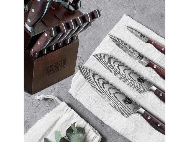 SHAN ZU 16-Piece Japanese Knife Set - High Carbon Stainless Steel Kitchen Knife Set with Block and Sharpener