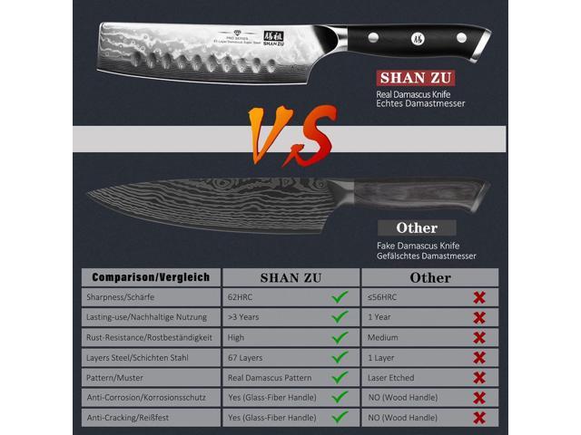 SHAN ZU Chef Knife Damascus Professional Extra Sharp Kitchen Knife Japanese Nakiri Knife, High Carbon Super Steel Chef's Knife with Ergonomic G10...