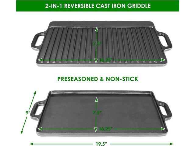 ProSource 2-in-1 Reversible 19.5 x 9 Cast Iron Griddle with Handles, Preseasoned & Non-Stick for Gas Stovetop, Oven and Open Fire.