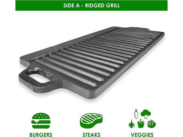 ProSource 2-in-1 Reversible 19.5 x 9 Cast Iron Griddle with Handles, Preseasoned & Non-Stick for Gas Stovetop, Oven and Open Fire.
