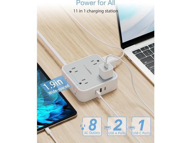 Surge Protector Flat Extension Cord Flat Plug Power Strip, 8 AC Outlets, 3 USB Charger(1 USB C Port) 3-Sided Outlet Extender, 5 Ft, 900 Joules...