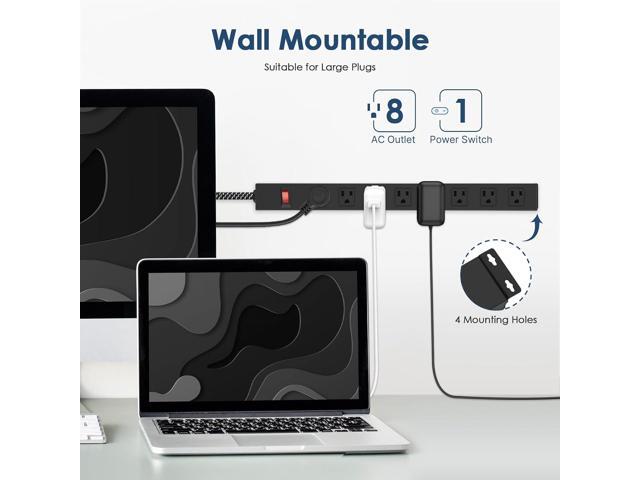 Metal 8 Outlet Mountable Power Strip with Switch,Wide Spaced Heavy Duty Wall Mount Power Strip Surge Protector 1200J,6FT 14AWG Braided Cord 15A...