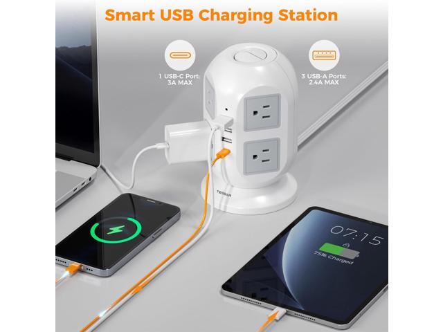 Tower Surge Protector Power Strip 10 ft, TESSAN Long Flat Extension Cord with Multiple Outlets, 8 AC Outlets with 4 USB Ports (1 USB C), Charging...