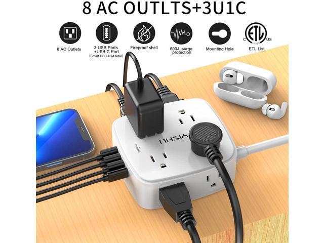 6 Ft Surge Protector Power Strip - 8 Widely Outlets with 4 USB Ports, 3 Side Outlet Extender with 6 Feet Extension Cord, Flat Plug, Wall Mount,...