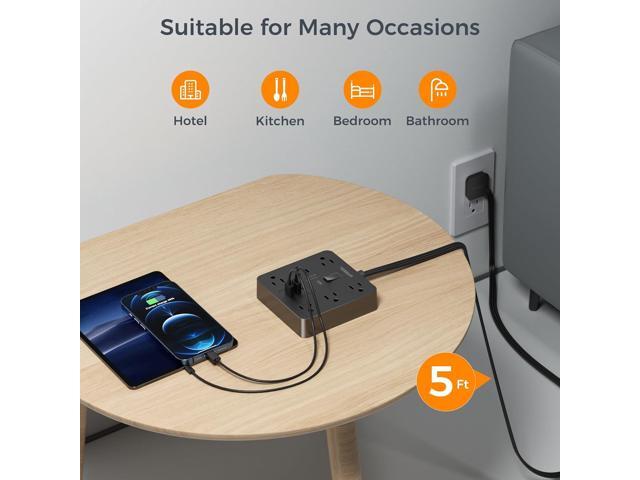Black Surge Protector Power Strip, TESSAN Flat Plug Extension Cord 5 FT with 6 Outlets 3 USB Charger (1 USB C), 1700J Protection Multiple Outlets...