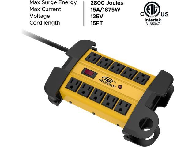 CRST 10-Outlets Heavy Duty Power Strip Metal Surge Protector with 15 Amps, 15-Foot Power Cord 2800 Joules for Garden, Kitchen, Office, School, ETL...