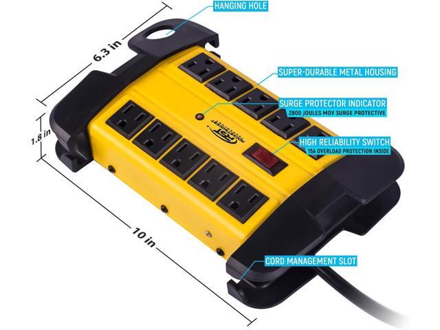 CRST 10-Outlets Heavy Duty Power Strip Metal Surge Protector with 15 Amps, 15-Foot Power Cord 2800 Joules for Garden, Kitchen, Office, School, ETL...