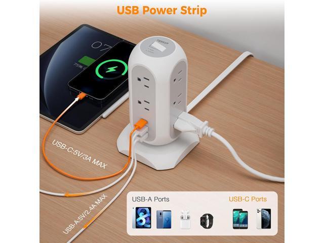 Tower Power Strip Flat Plug with 11 Outlets 3 USB (1 USB C), TESSAN Surge Protector Tower 1625W/13A,1050J Protection, 6 Feet Extension Cord with...